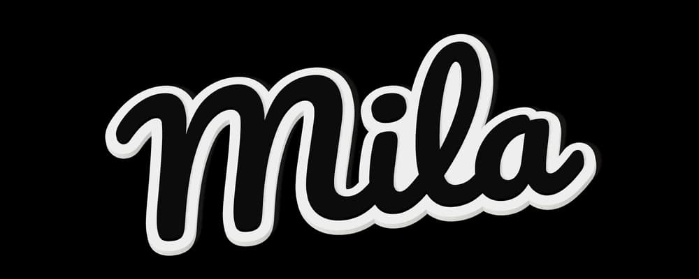 3D-Entwurf des Namensschilds Mila in Soft Script: schwarze Schrift auf weißer, der Schrift folgenden Kontur.